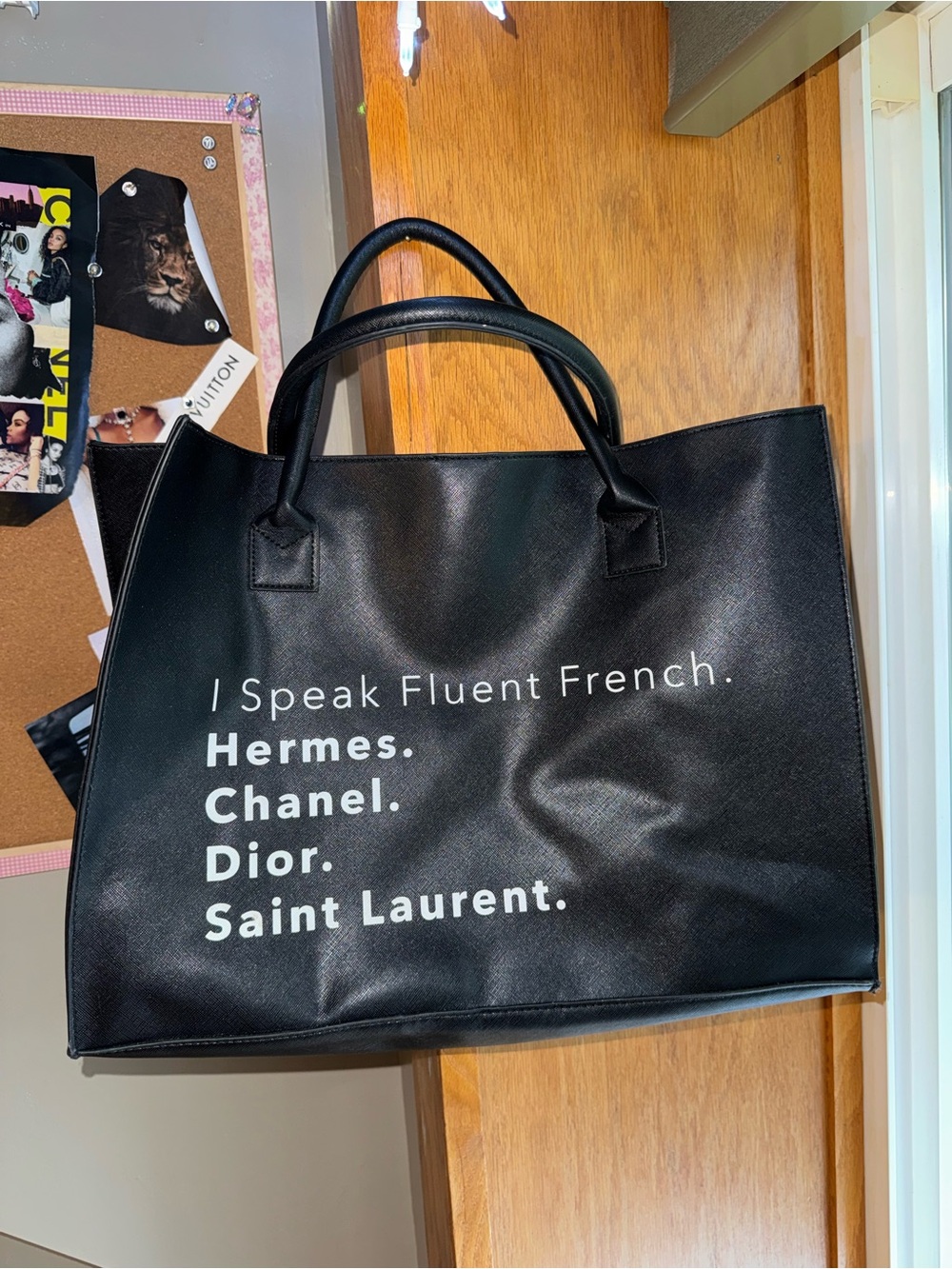LA Trading Co I Speak Fluent French Black Vegan Leather Large Tote